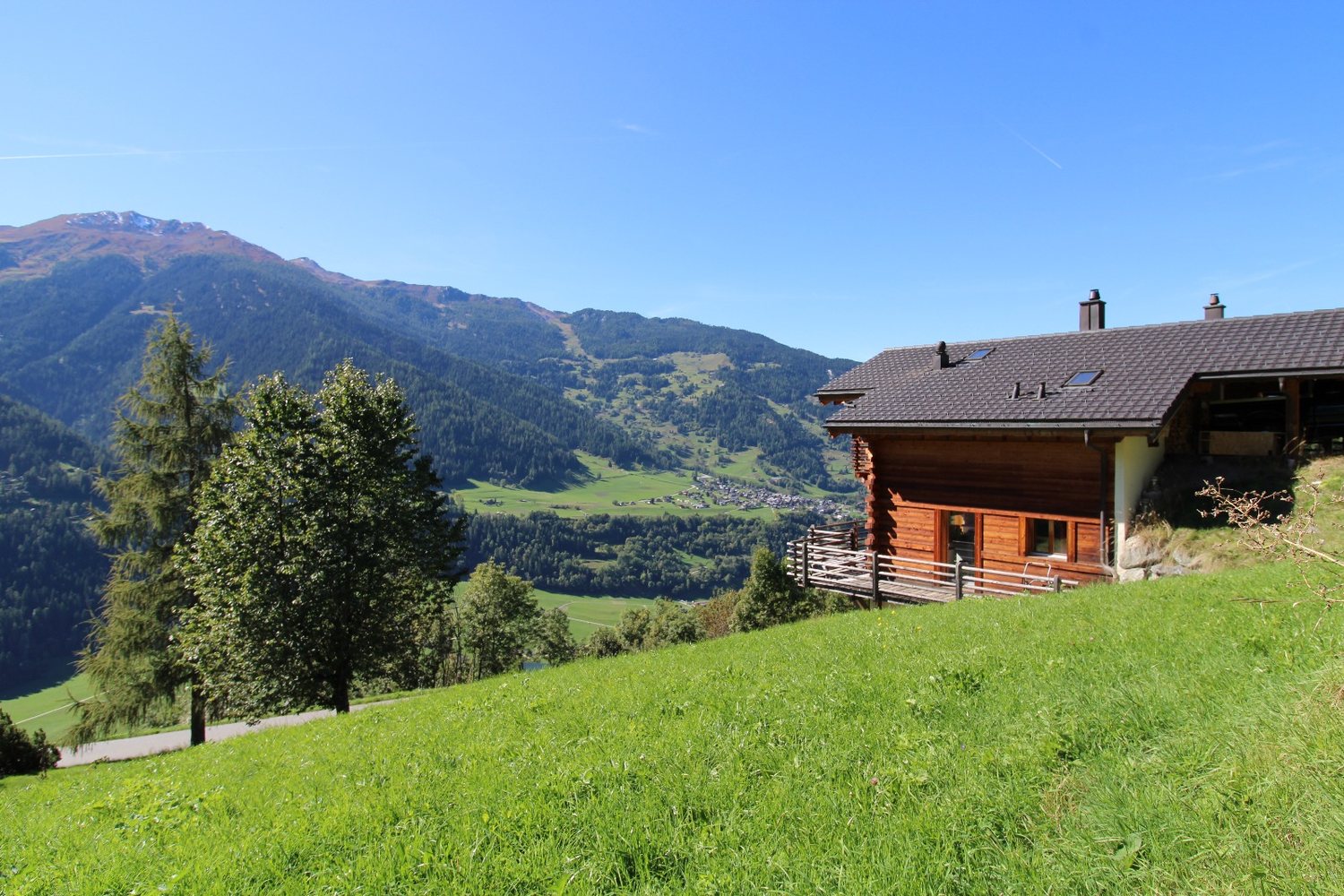 Vue plongeante sur la vallée de Bagnes depuis le pré : mélèzes, prairies et villages en contrebas.