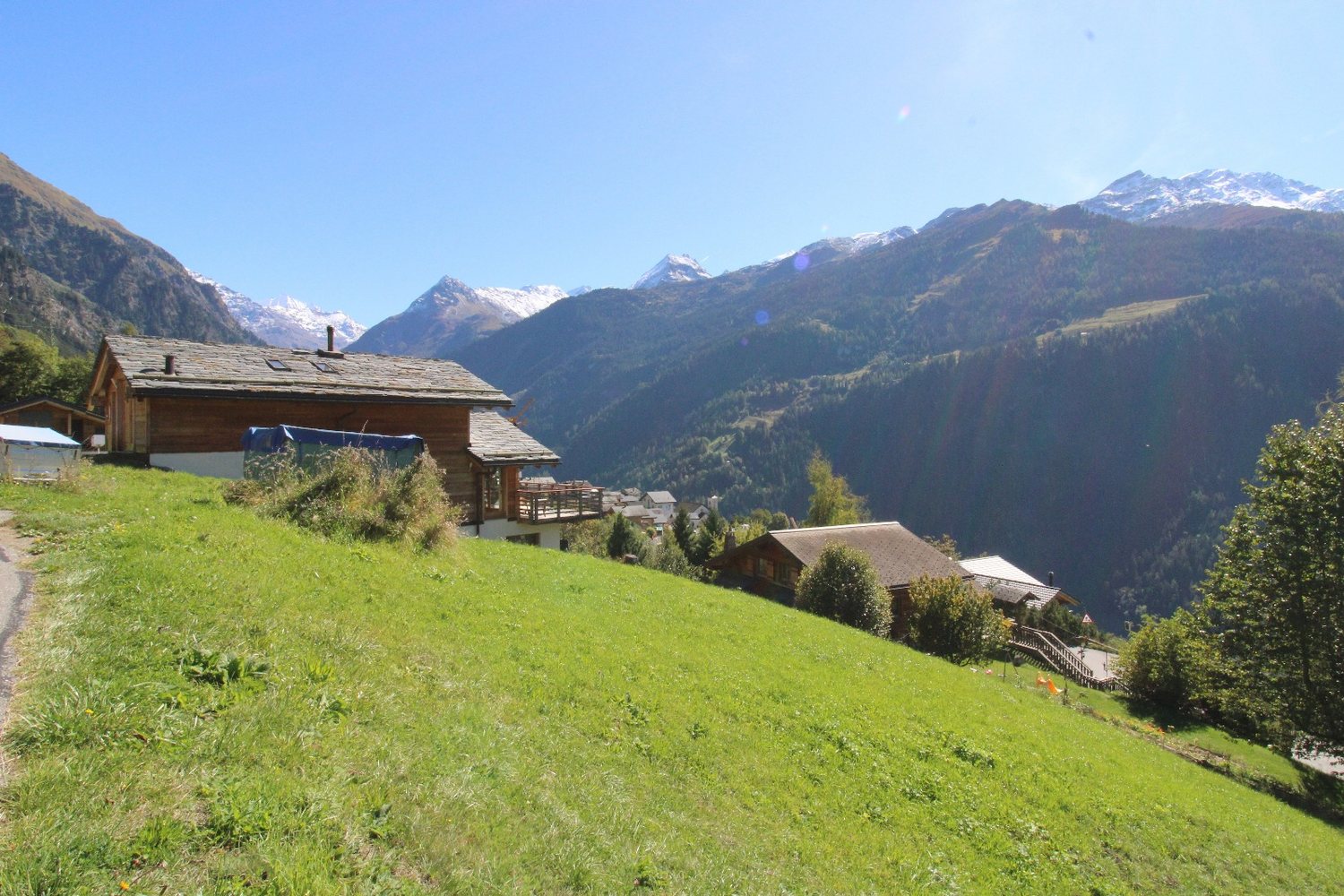 Le pré et les toits des chalets voisins, avec le versant boisé et les alpages en face.