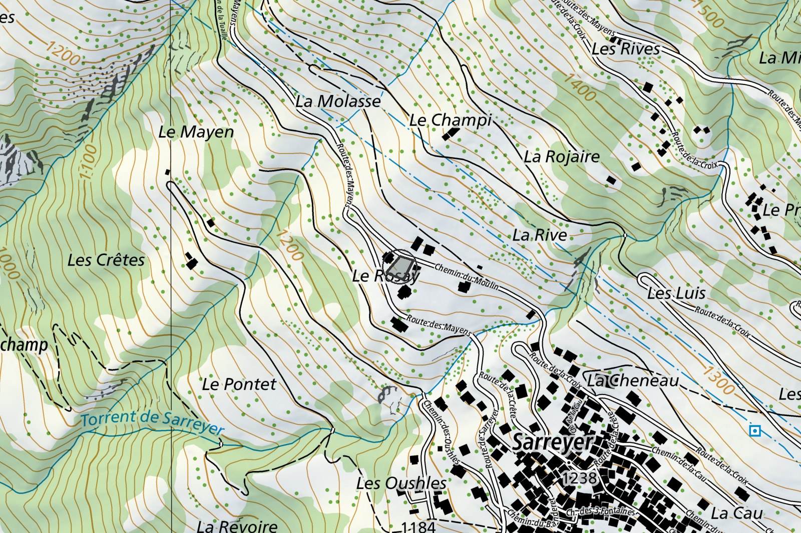 Plan de situation : la parcelle surlignée au-dessus de Champsec, entre Sarreyer et la vallée de Bagnes.